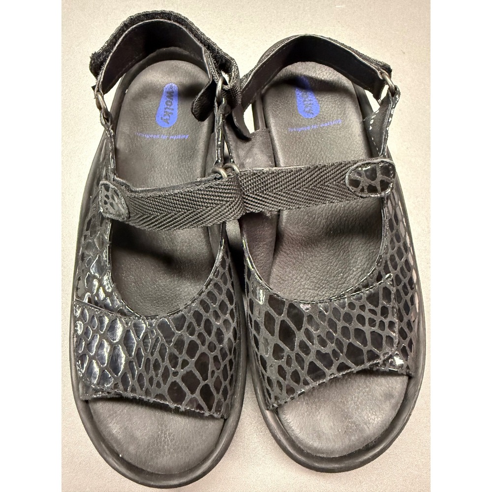 Wolky Jewel Black Snakeskin Patent Leather Adjustable Walking Sandals 40 3204